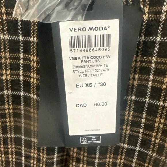 Vero Moda Black and Brown Plaid High-Waist Trousers NWT XS - Picture 3 of 3